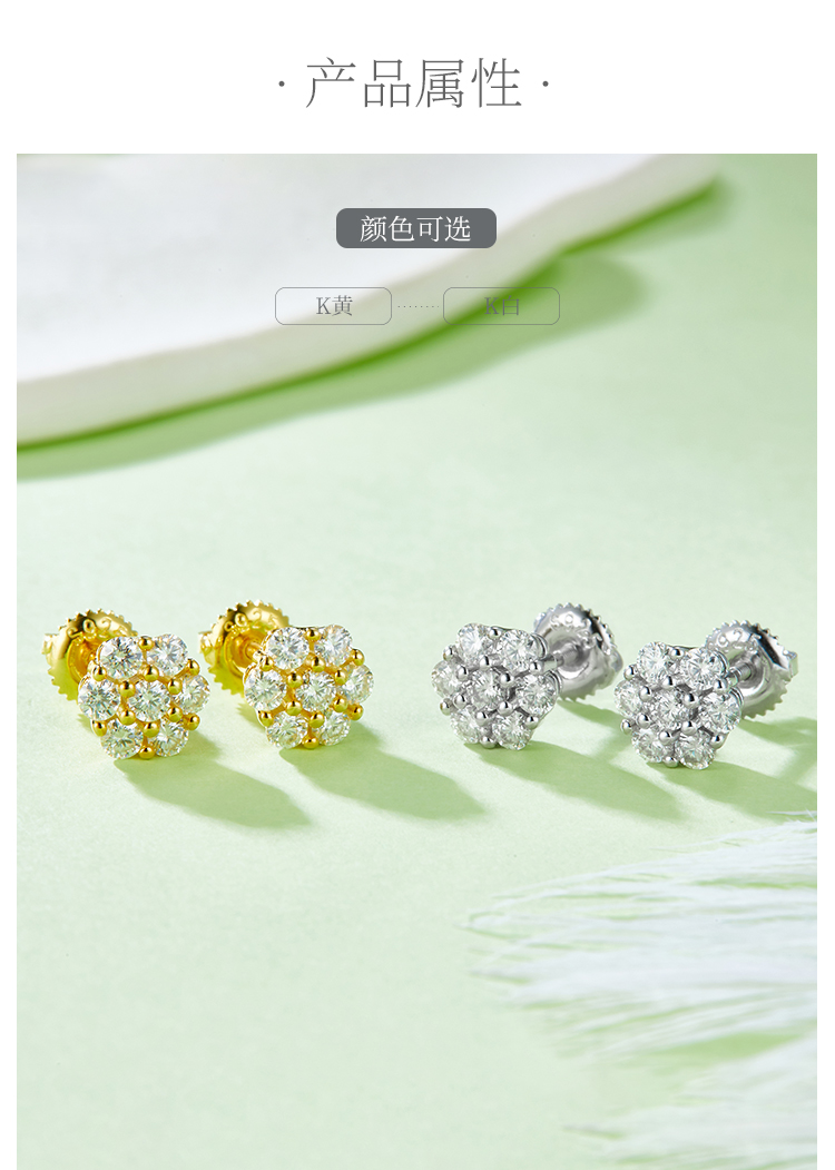圆形梅花S925银耳钉带螺纹莫桑钻厘石D级0.84CT - 2
